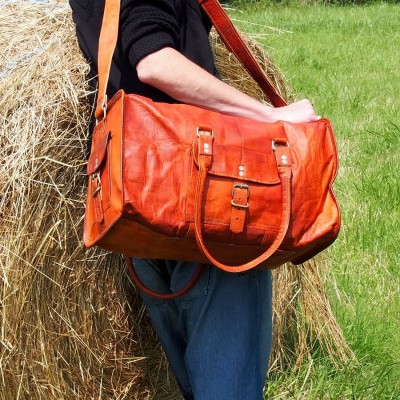 Sac de Sport en Cuir - Bagage à Main Vintage - Carré - XL