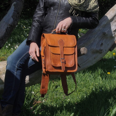 Sacoche - Sac à dos vintage en cuir naturel - M