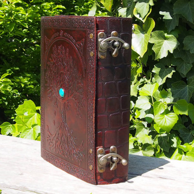 Grimoire épais en cuir - Arbre de vie et Turquoise